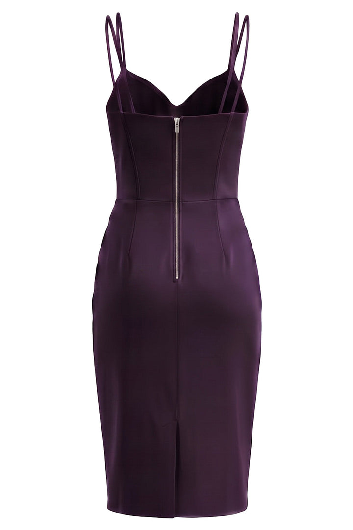 VIVIENNE corset evening dress in dark aubergine on model - back view
