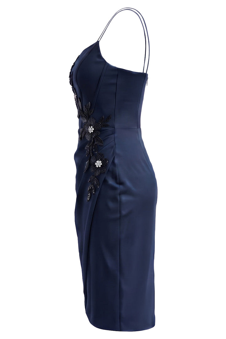 VIVIENNE corset evening dress in midnight navy on model - side view
