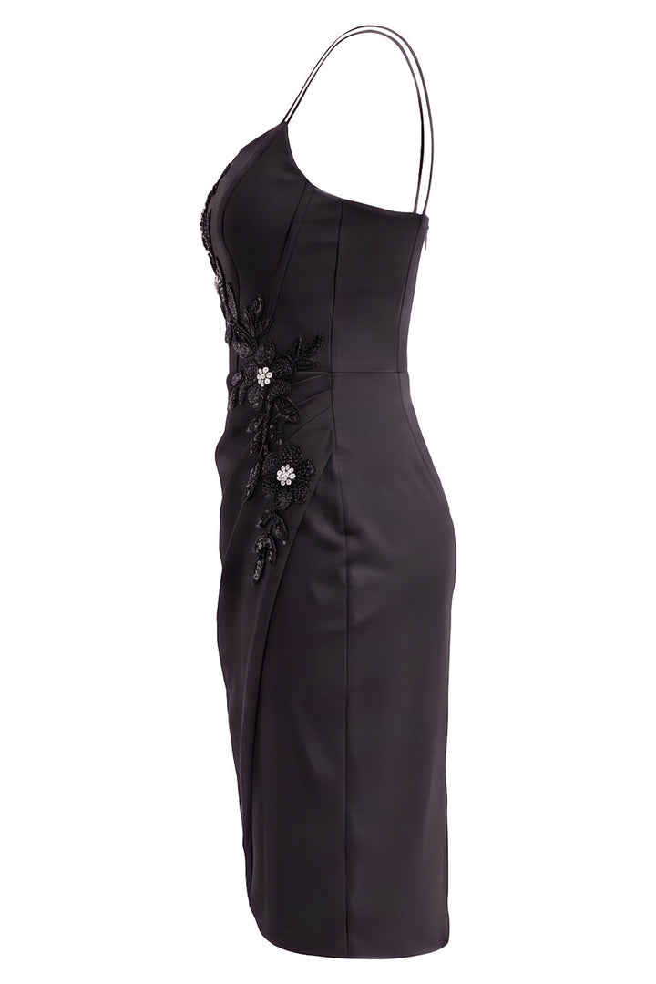 VIVIENNE embellished corset evening dress in black on model - side view