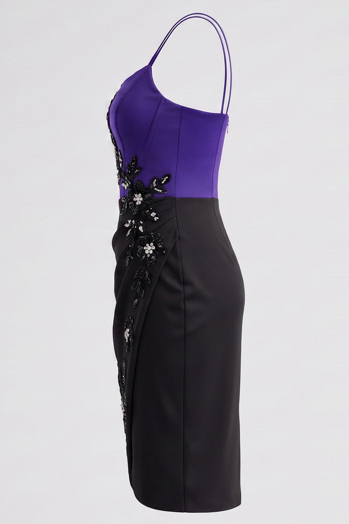 VIVIENNE corset evening dress in purple and black on model - side view
