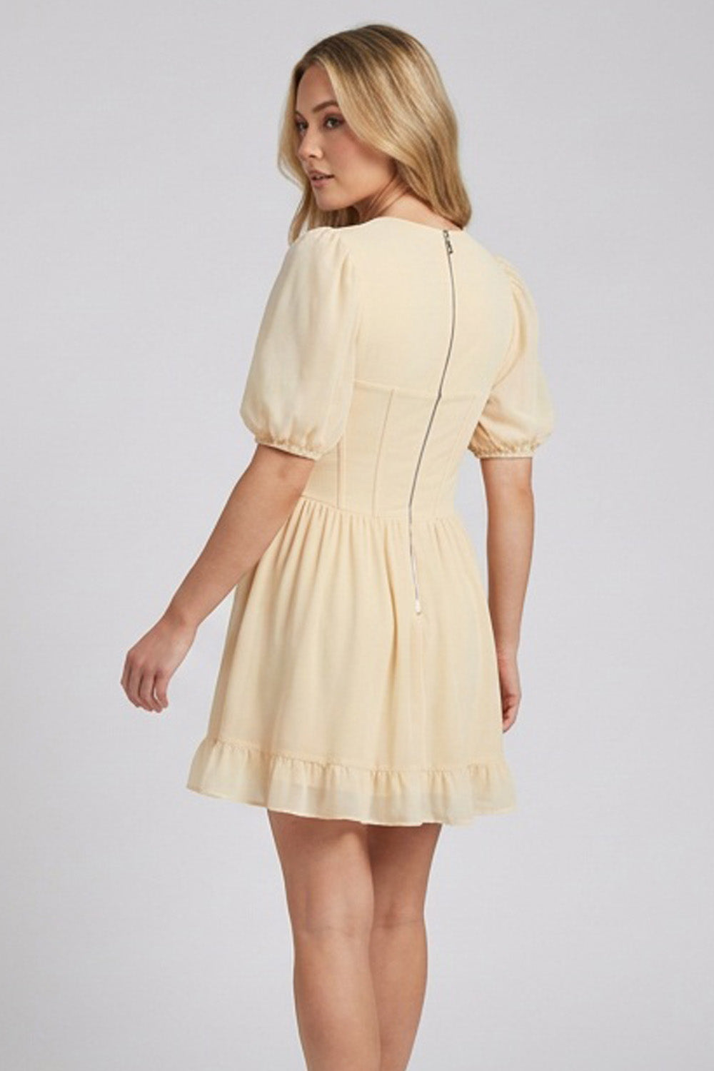 JULIETTE georgette puff sleeve corset mini dress in cream by Luxe Noir - back view