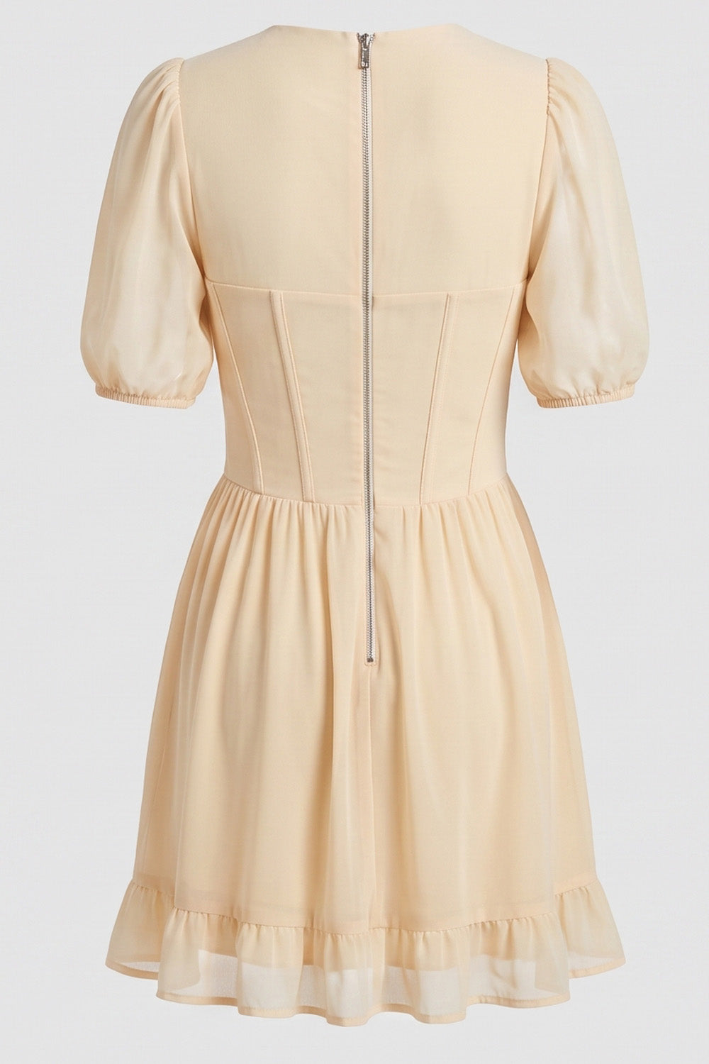 JULIETTE georgette puff sleeve corset mini dress in cream on model - back view