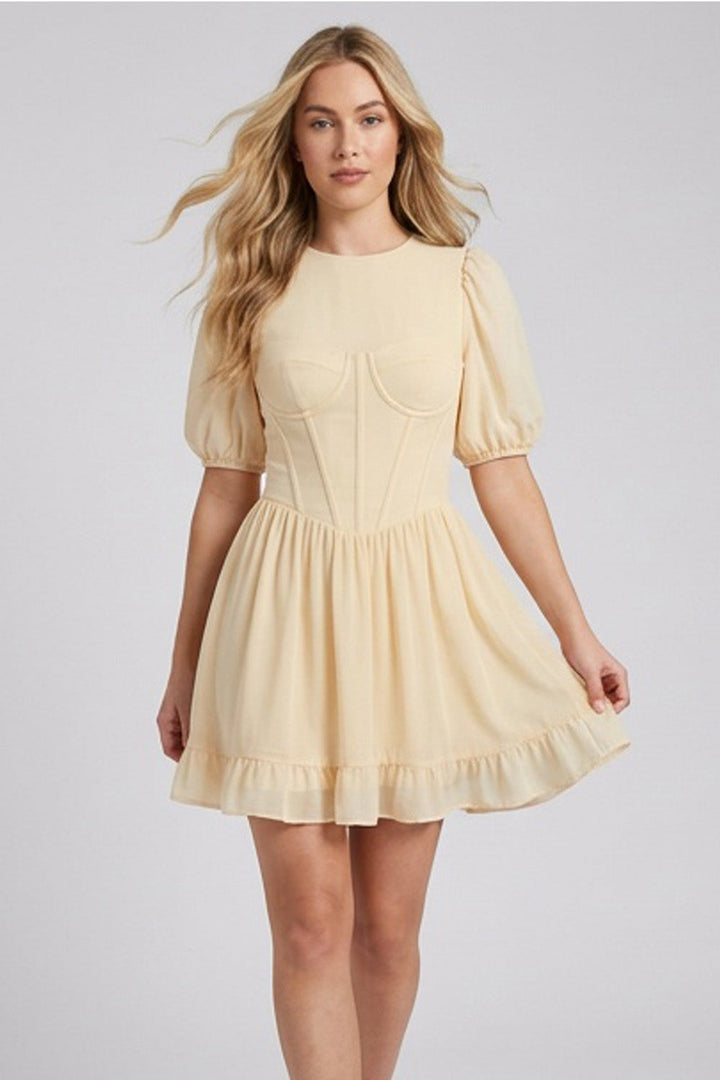 JULIETTE georgette puff sleeve corset mini dress in cream by Luxe Noir - front view