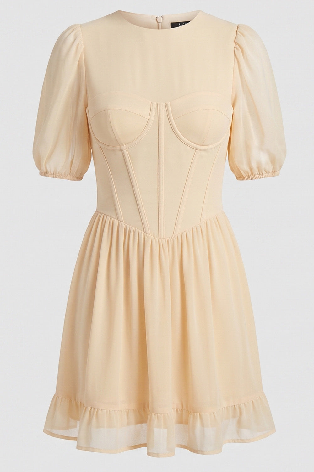 JULIETTE georgette puff sleeve corset mini dress in cream on model - front view