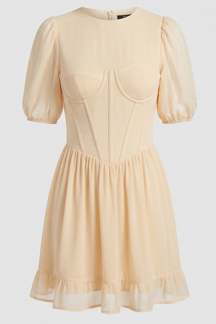 JULIETTE georgette puff sleeve corset mini dress in cream on model - front view