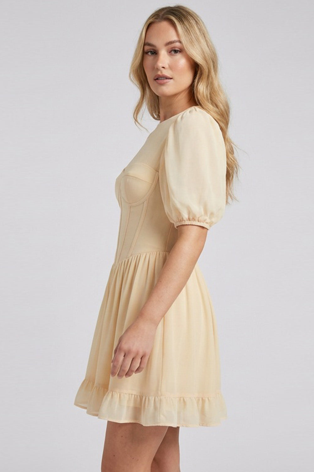 JULIETTE georgette puff sleeve corset mini dress in cream by Luxe Noir - side view