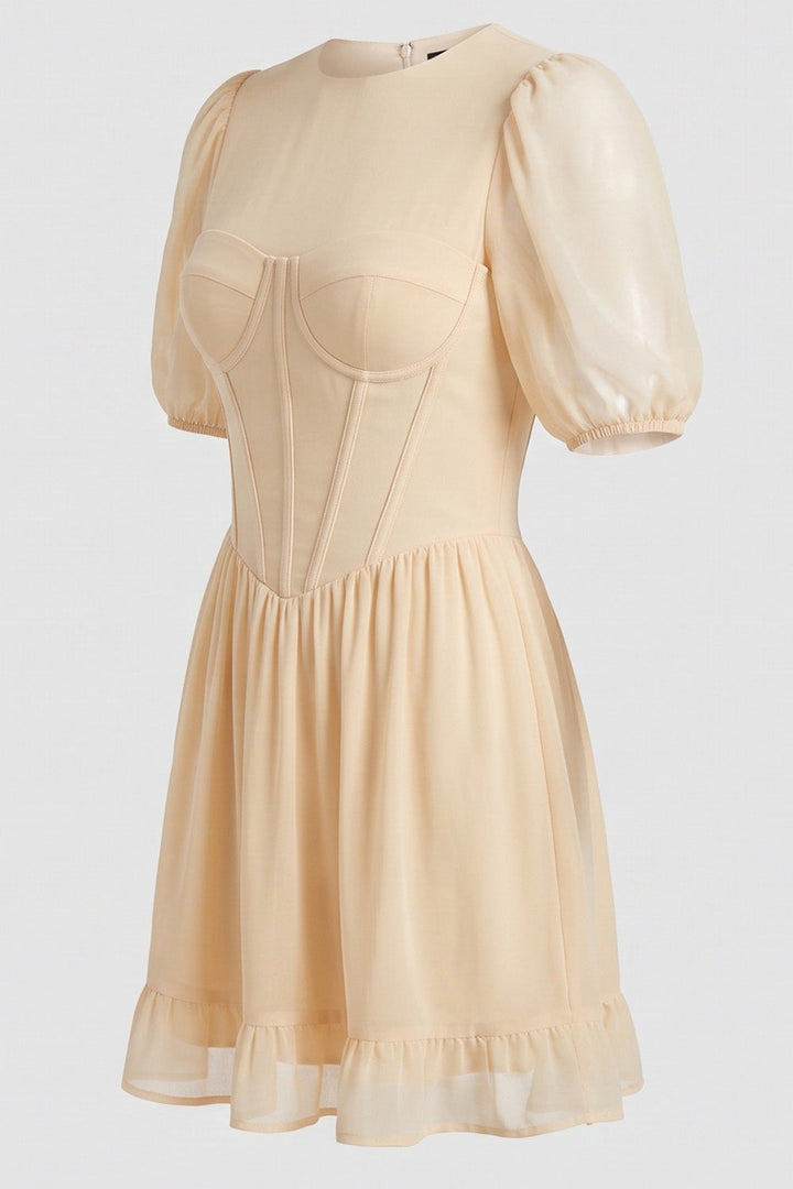JULIETTE georgette puff sleeve corset mini dress in cream on model - side view