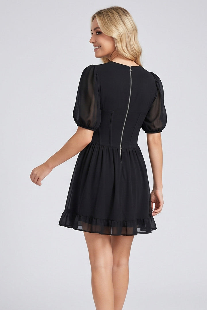 JULIETTE georgette puff sleeve corset mini dress in black by Luxe Noir - back view