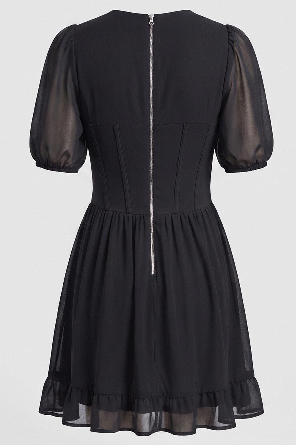 JULIETTE georgette puff sleeve corset mini dress in black on model - back view