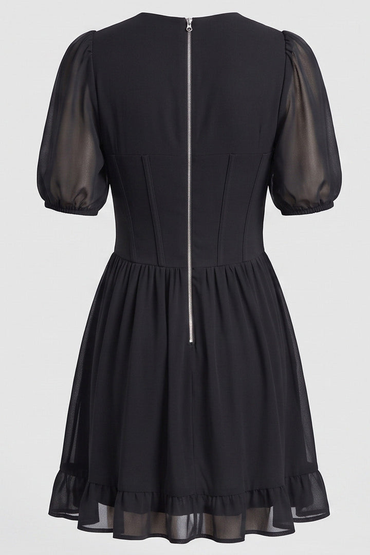 JULIETTE georgette puff sleeve corset mini dress in black on model - back view