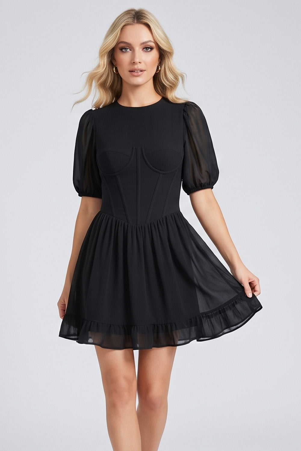 JULIETTE georgette puff sleeve corset mini dress in black by Luxe Noir - front view