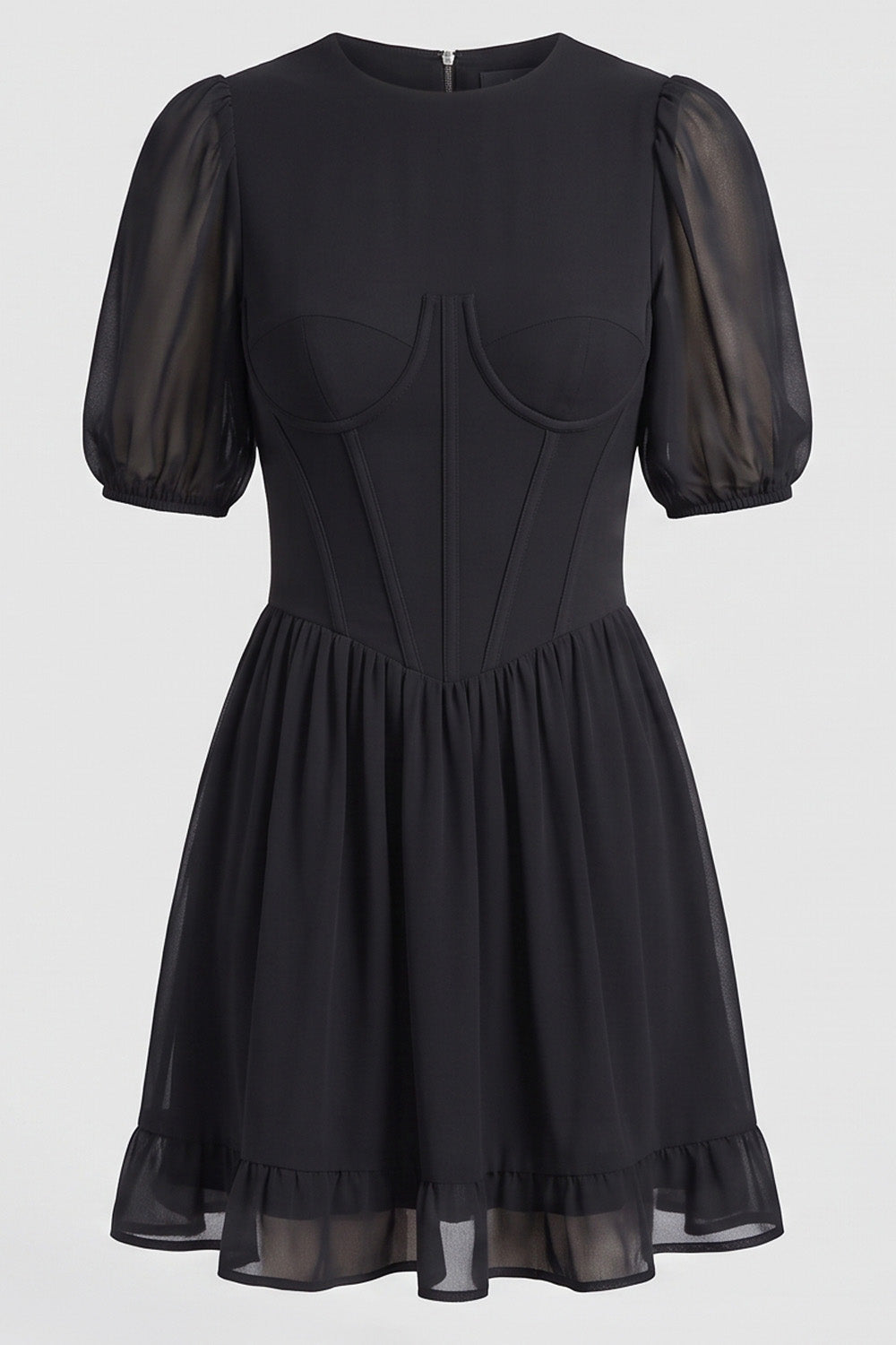 JULIETTE georgette puff sleeve corset mini dress in black on model - front view