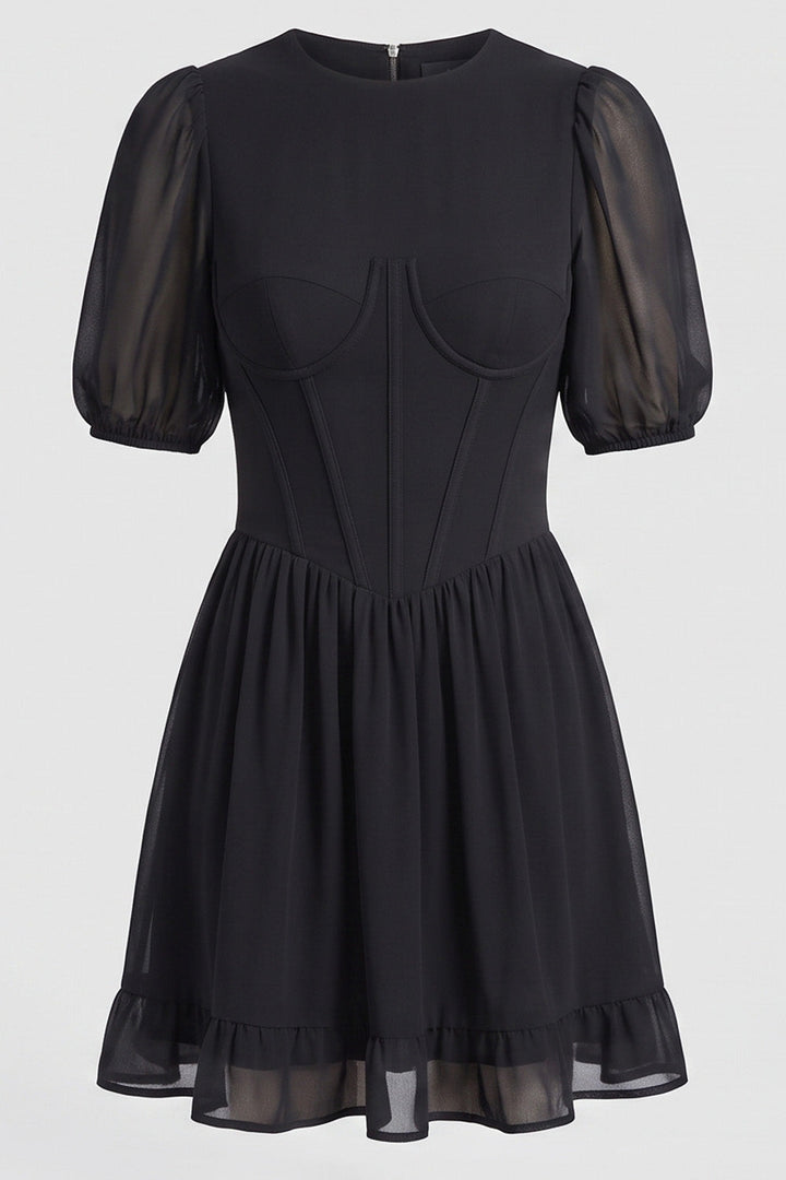 JULIETTE georgette puff sleeve corset mini dress in black on model - front view