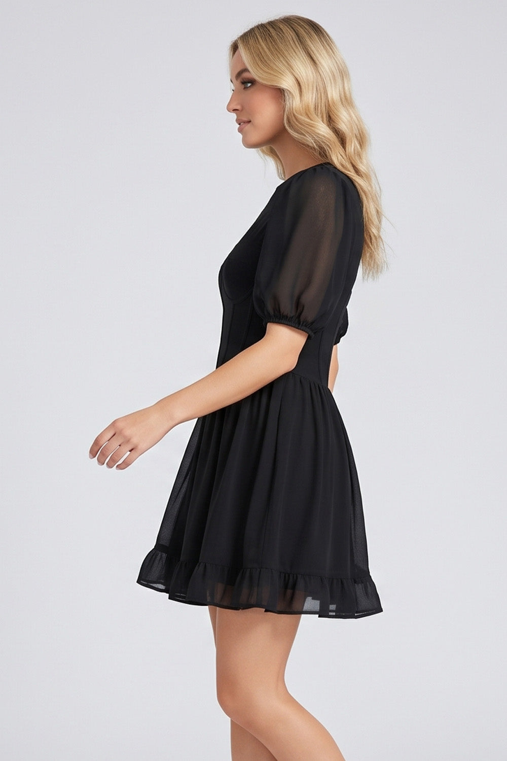 JULIETTE georgette puff sleeve corset mini dress in black by Luxe Noir - side view