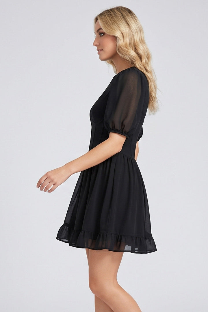 JULIETTE georgette puff sleeve corset mini dress in black by Luxe Noir - side view