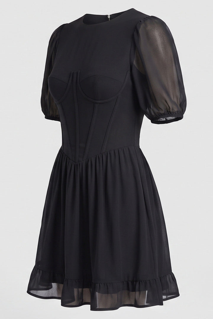 JULIETTE georgette puff sleeve corset mini dress in black on model - side view
