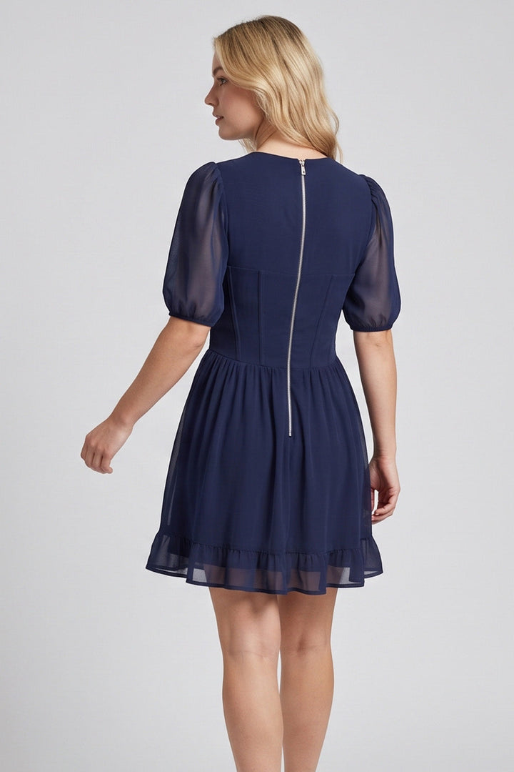 JULIETTE georgette puff sleeve corset mini dress in blue by Luxe Noir - back view