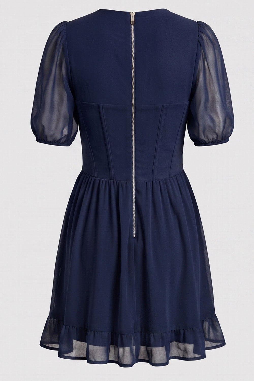 JULIETTE georgette puff sleeve corset mini dress in blue on model - back view
