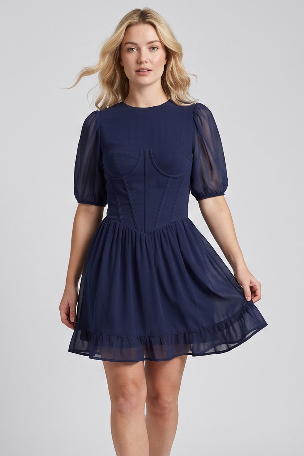 JULIETTE georgette puff sleeve corset mini dress in blue by Luxe Noir - front view
