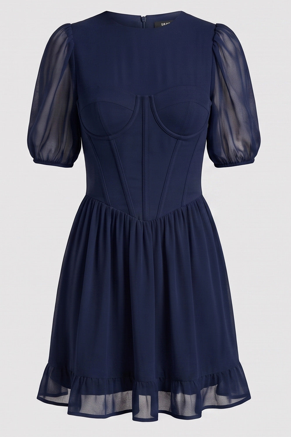 JULIETTE georgette puff sleeve corset mini dress in blue on model - front view