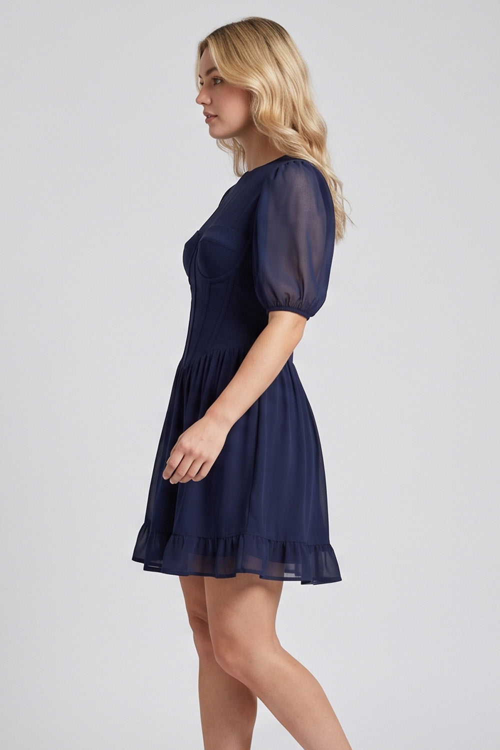 JULIETTE georgette puff sleeve corset mini dress in blue by Luxe Noir - side view