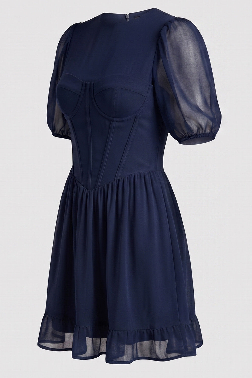 JULIETTE georgette puff sleeve corset mini dress in blue on model - side view