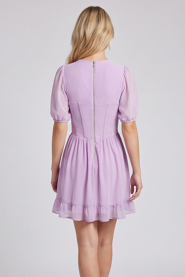 JULIETTE georgette puff sleeve corset mini dress in lilac by Luxe Noir - back view