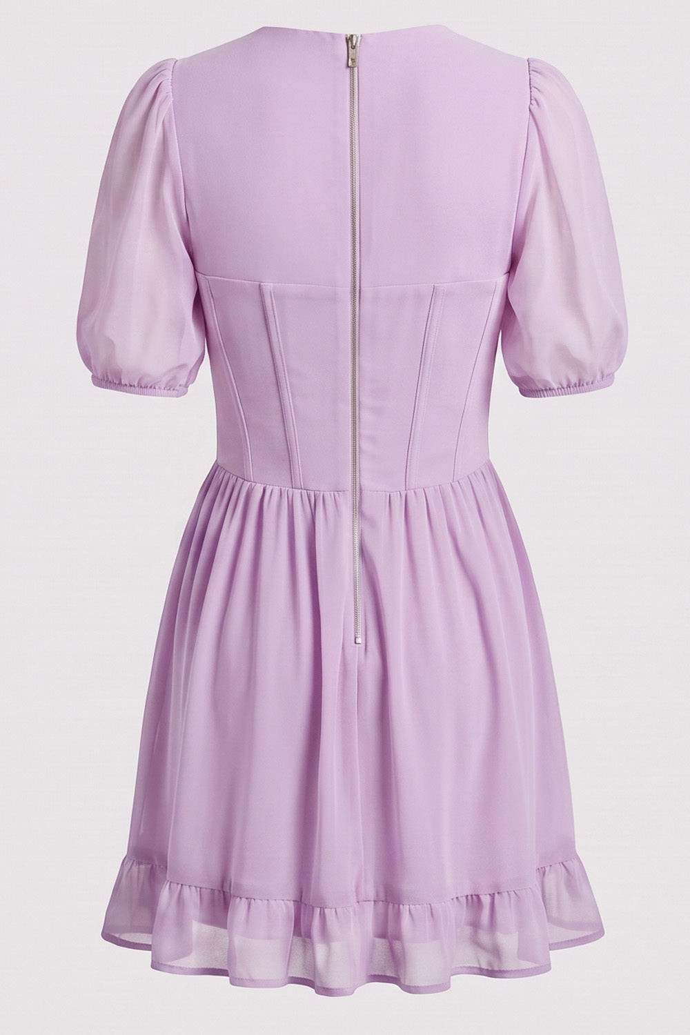 JULIETTE georgette puff sleeve corset mini dress in lilac on model - back view