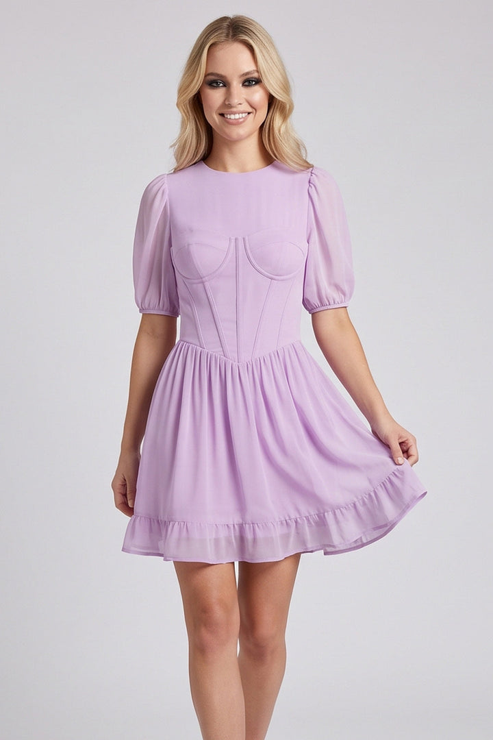 JULIETTE georgette puff sleeve corset mini dress in lilac by Luxe Noir - front view