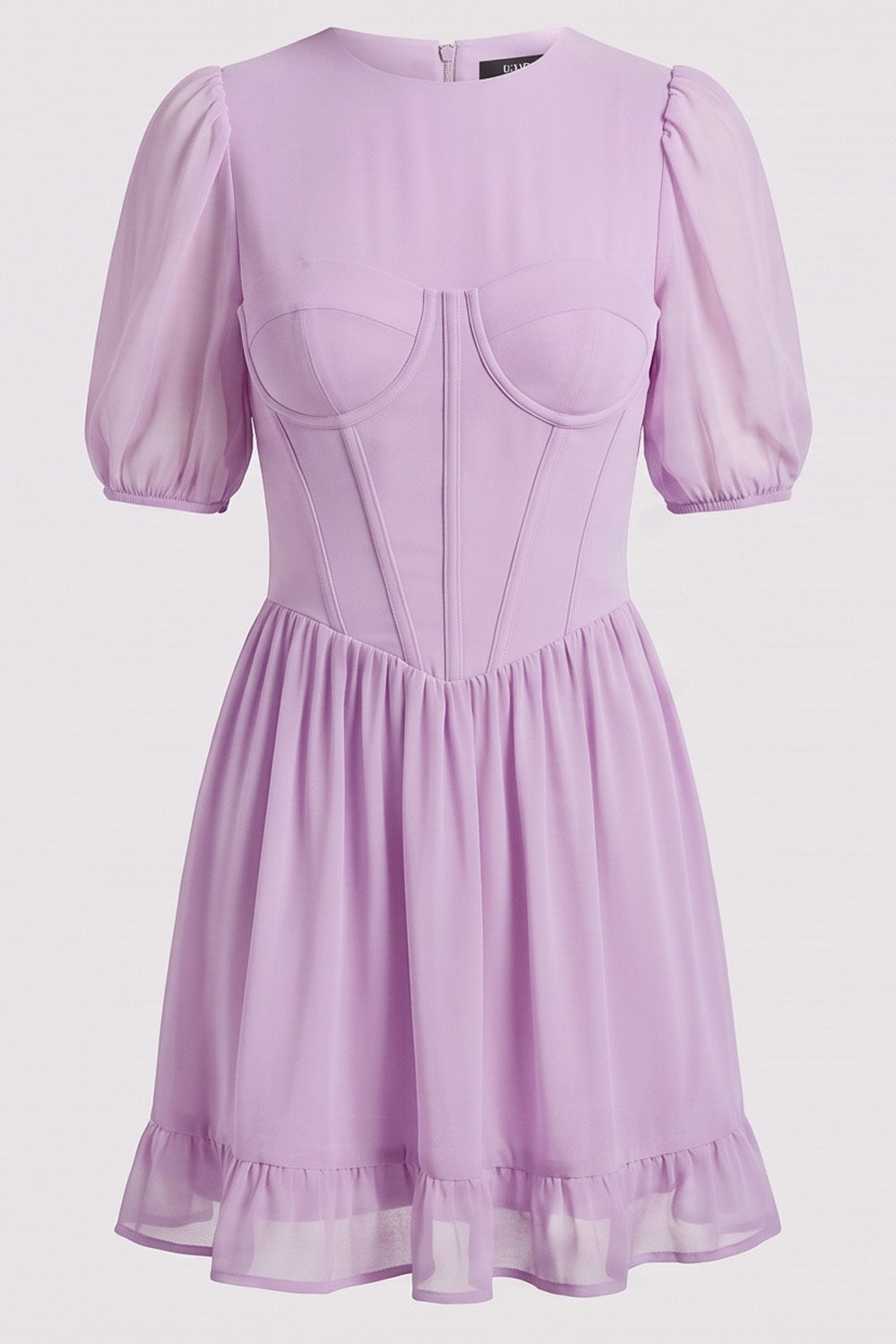 JULIETTE georgette puff sleeve corset mini dress in lilac on model - front view