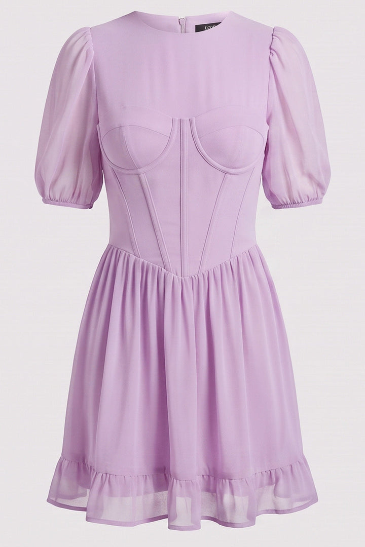 JULIETTE georgette puff sleeve corset mini dress in lilac on model - front view