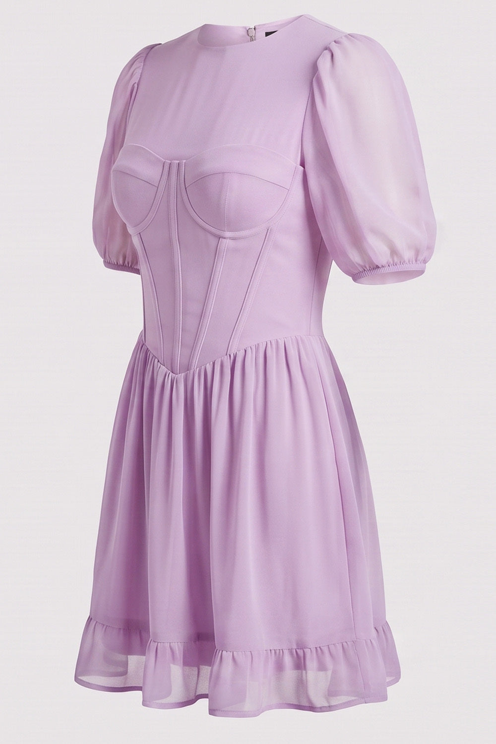 JULIETTE georgette puff sleeve corset mini dress in lilac on model - side view