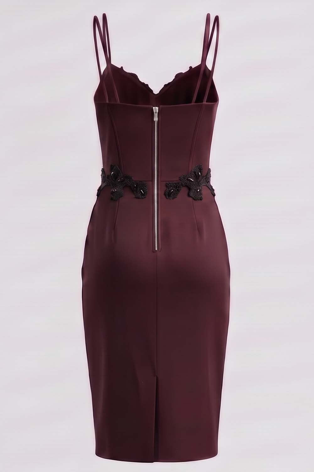 ODILE beaded corset dress in dark maroon on model - back view