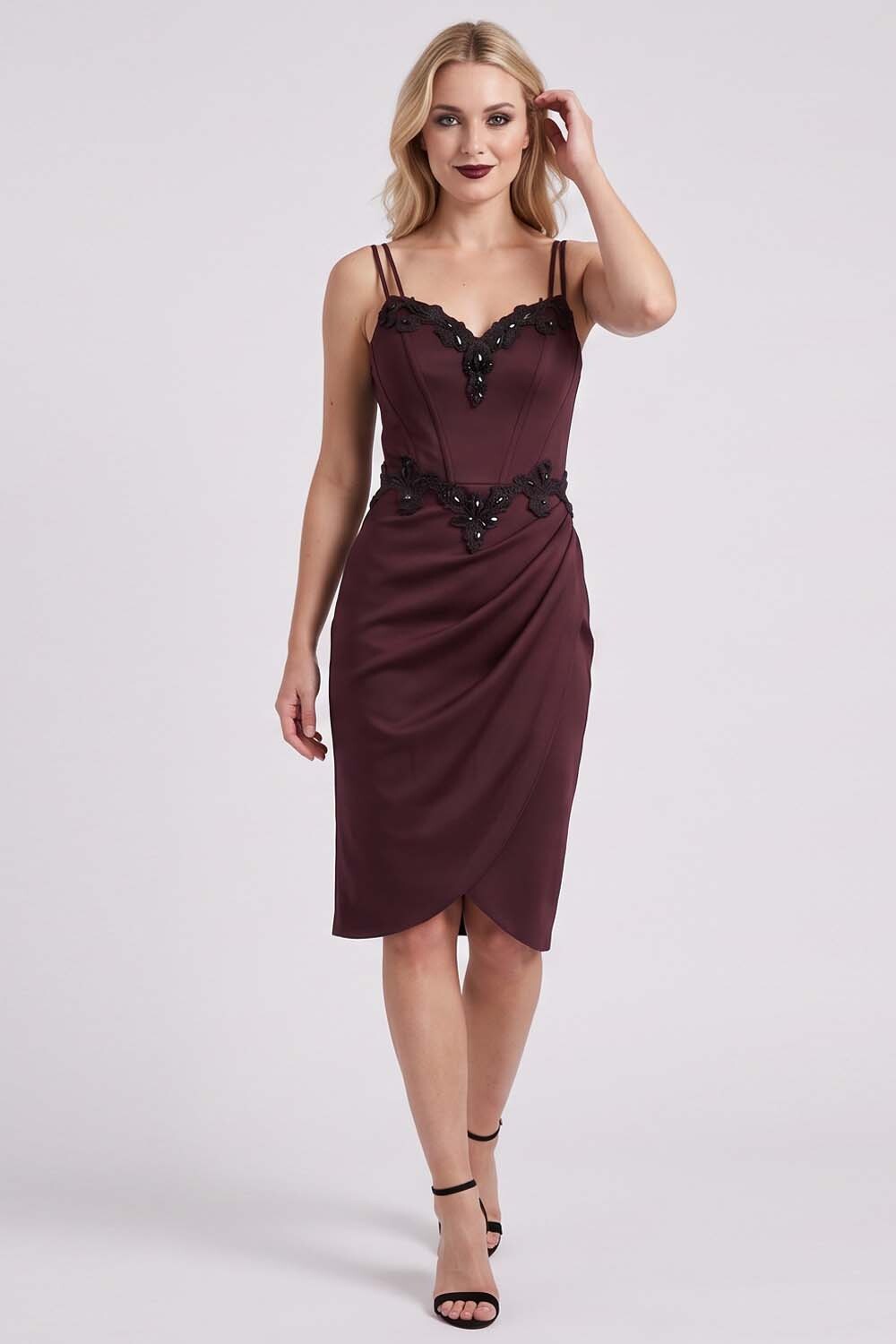 ODILE beaded corset dress in dark maroon by Luxe Noir - front view