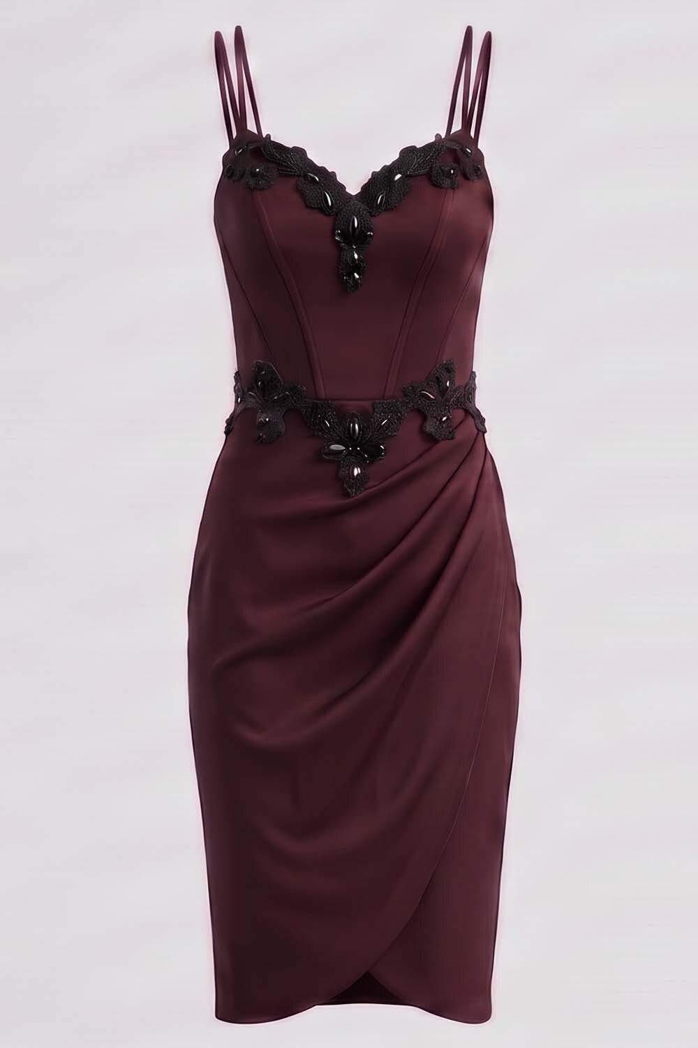 ODILE beaded corset dress in dark maroon on model - front view