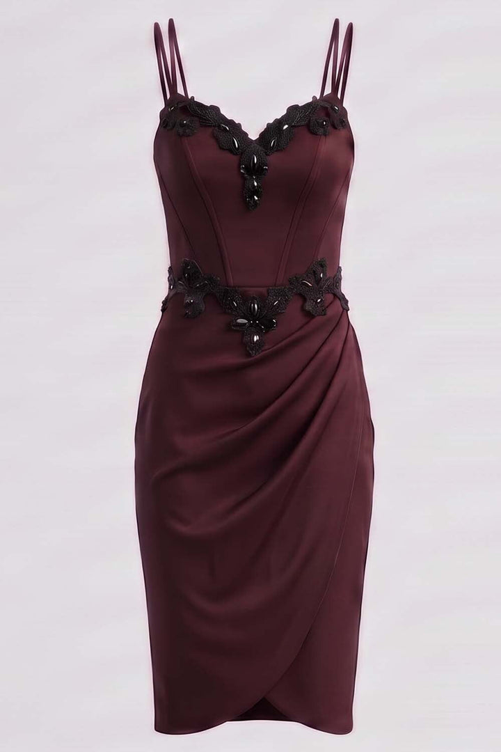 ODILE beaded corset dress in dark maroon on model - front view
