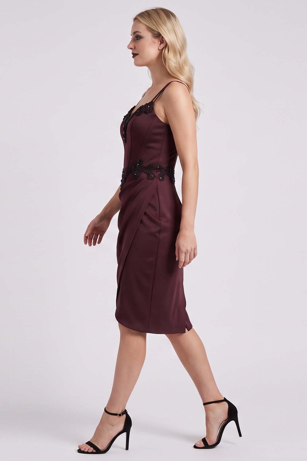 ODILE beaded corset dress in dark maroon by Luxe Noir - side view