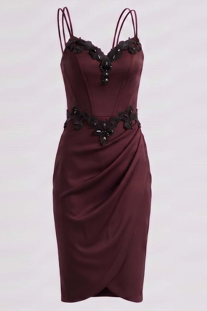 ODILE beaded corset dress in dark maroon on model - side view