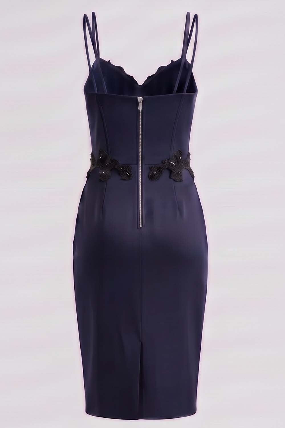 ODILE beaded corset dress in ink navy on model - back view