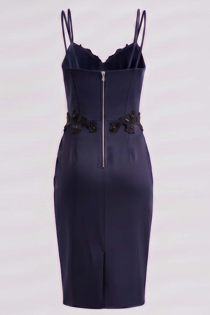 ODILE beaded corset dress in ink navy on model - back view