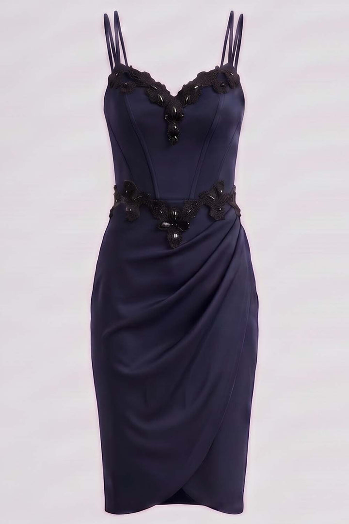 ODILE beaded corset dress in ink navy on model - front view