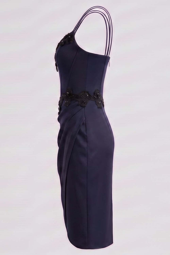 ODILE beaded corset dress in ink navy on model - side view