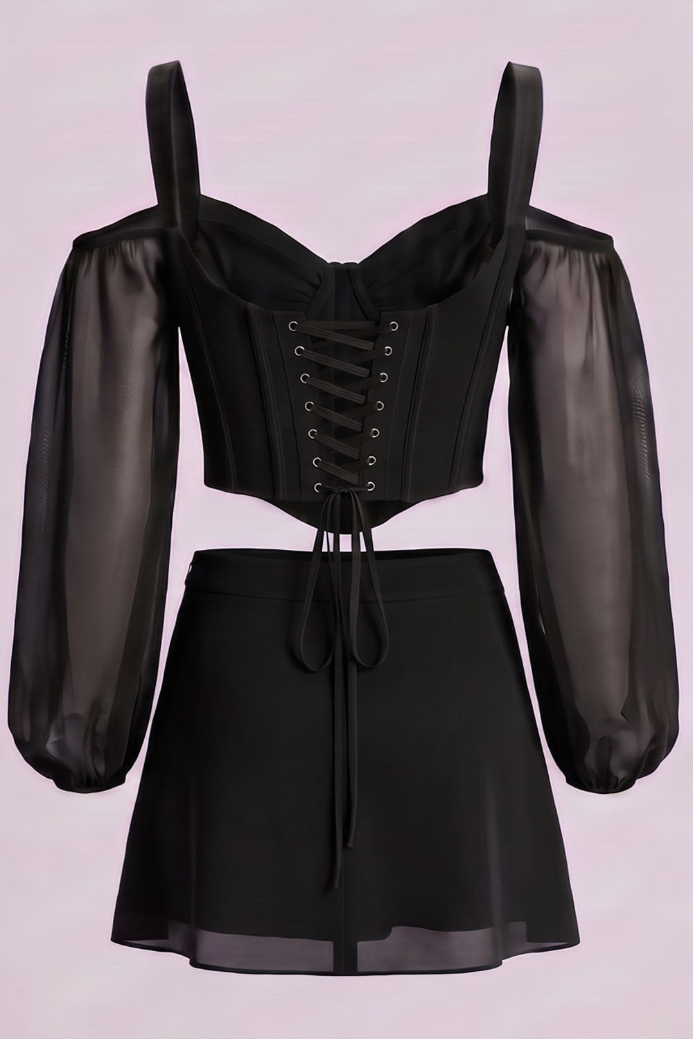 MAEVE Corset Top &amp; Mini Skirt Co-ord Set in Black by Luxe Noir – back view