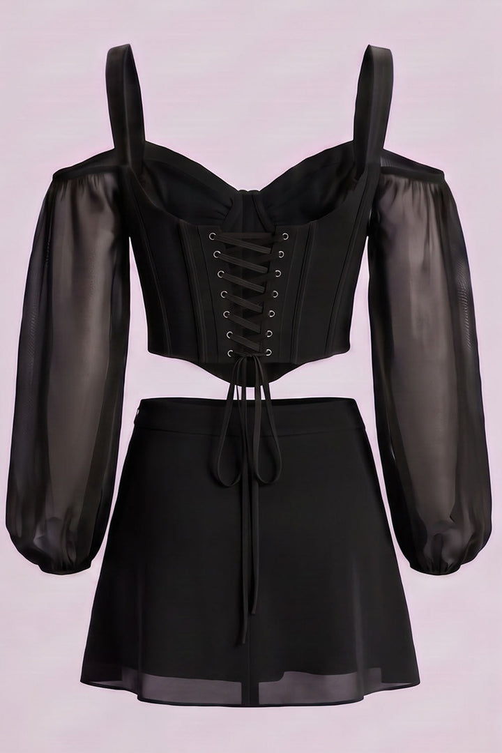 MAEVE Corset Top &amp; Mini Skirt Co-ord Set in Black by Luxe Noir – back view