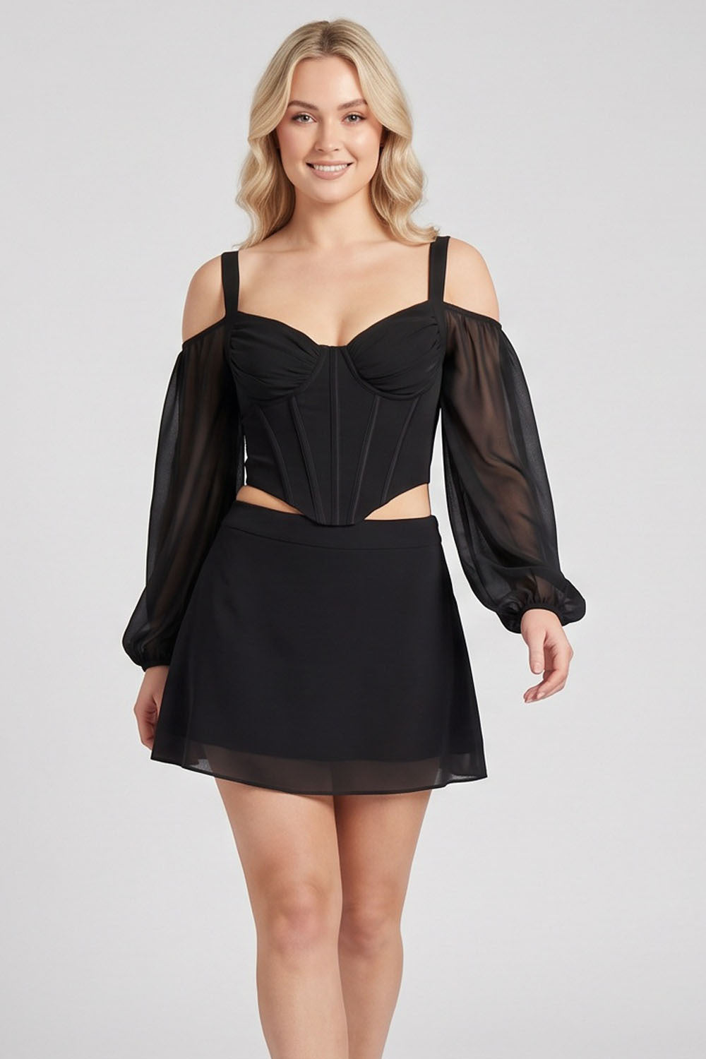 MAEVE Corset Top &amp; Mini Skirt Co-ord Set in Black on model – front view