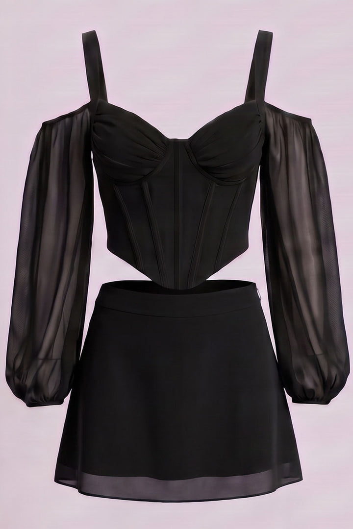 MAEVE Corset Top &amp; Mini Skirt Co-ord Set in Black by Luxe Noir – front view