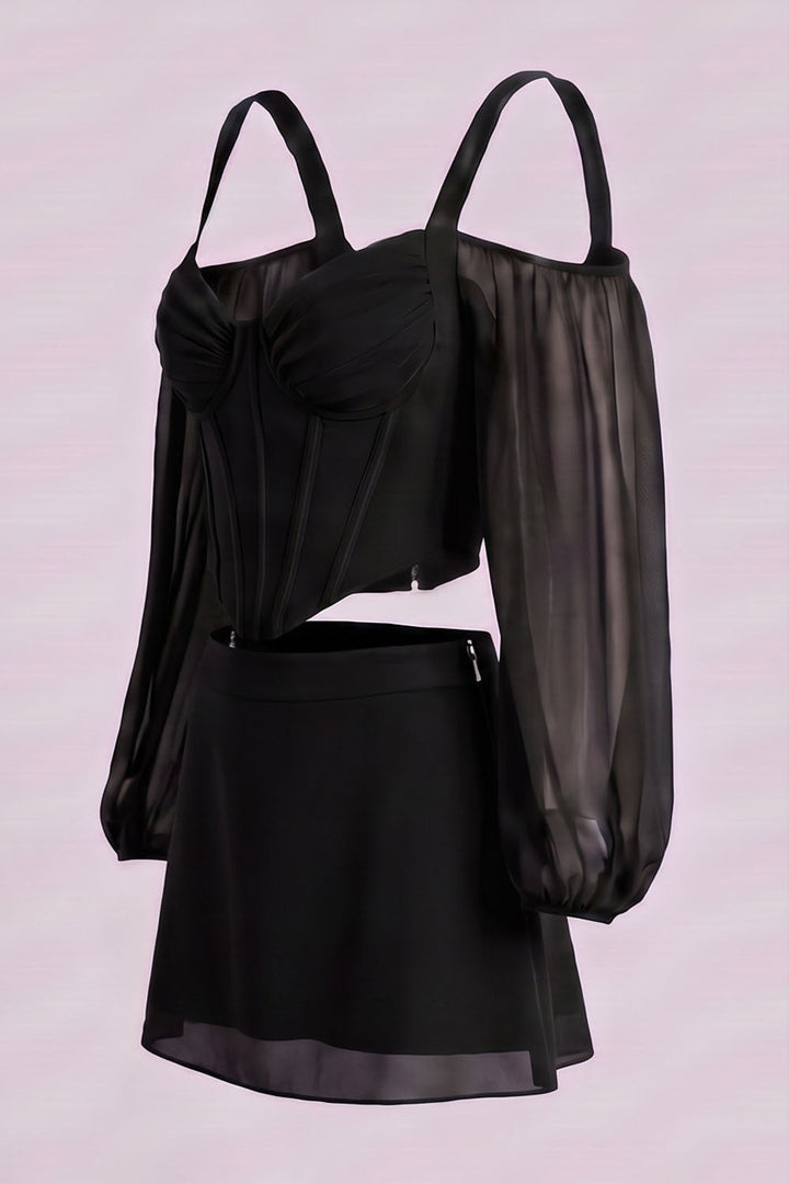 MAEVE Corset Top &amp; Mini Skirt Co-ord Set in Black by Luxe Noir – side view