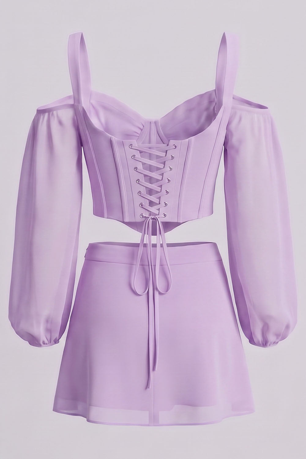MAEVE Corset Top &amp; Mini Skirt Co-ord Set in Lilac by Luxe Noir – back view