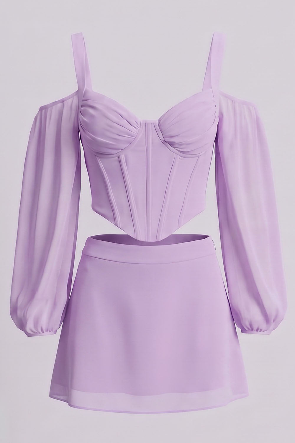 MAEVE Corset Top &amp; Mini Skirt Co-ord Set in Lilac by Luxe Noir – front view