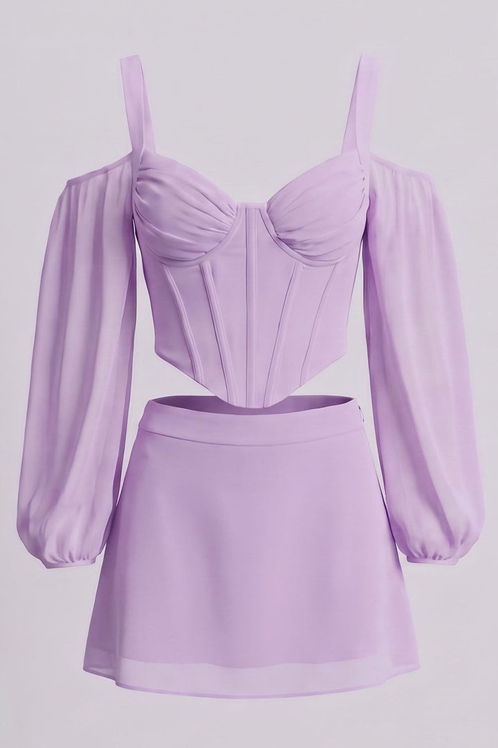 MAEVE Corset Top &amp; Mini Skirt Co-ord Set in Lilac by Luxe Noir – front view